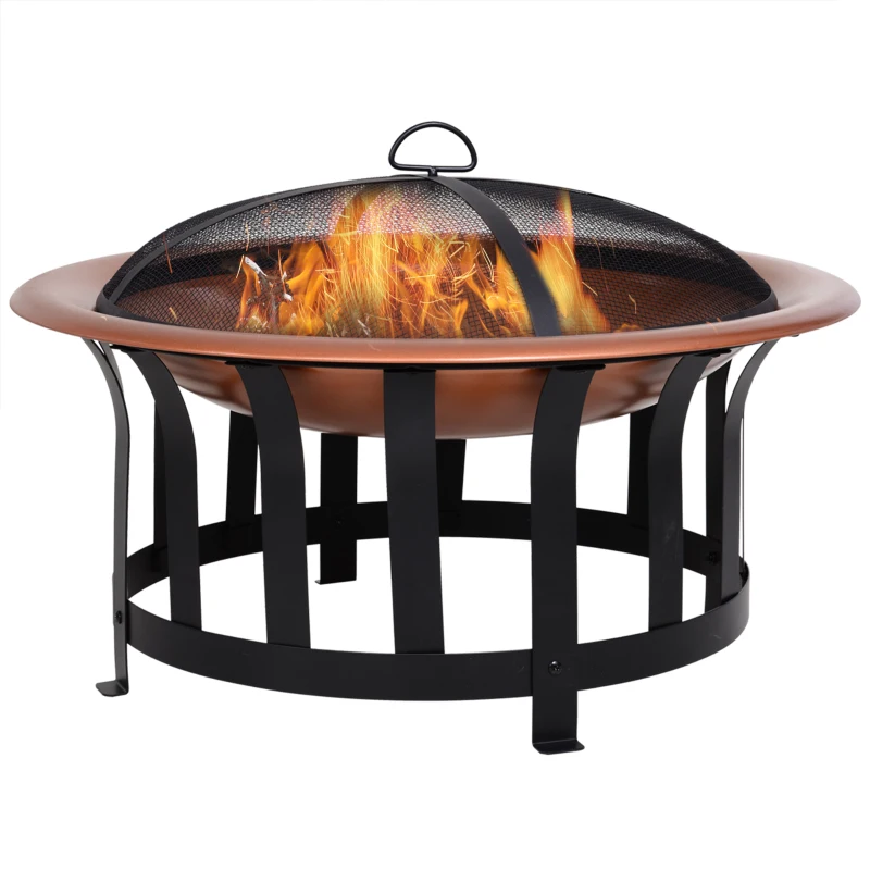 Outsunny 30" Steel Round Patio Fire Pit  Outdoor Wood Log Burning Heater with Log Grate, Poker, Mesh Cover & Water Resistant Cover Copper Color