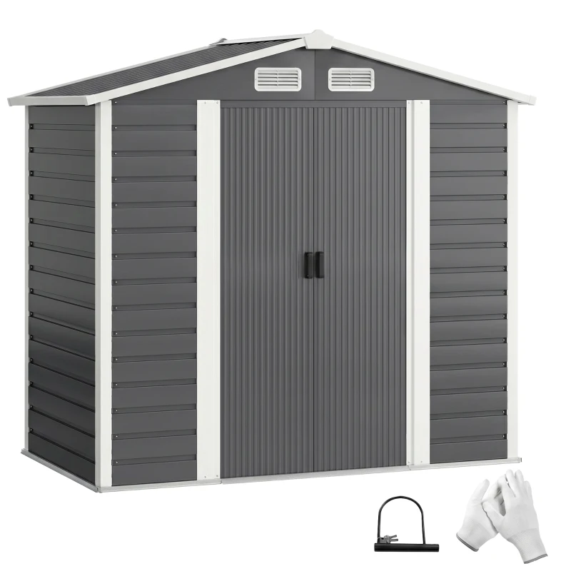 Outsunny 7' x 4' Outdoor Storage Shed, Metal Garden Shed with Lockable Doors and Gloves for Backyard, Garden, Patio, Dark Grey