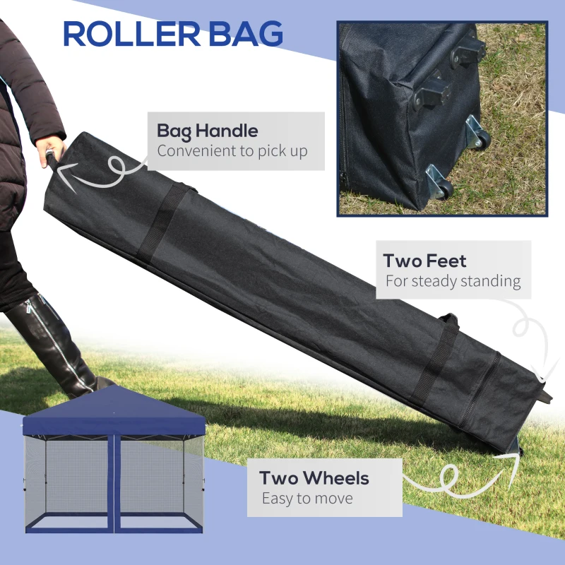 Outsunny 10' x 10' Pop-Up Party Tent Outdoor Canopy Tent with Mesh Sidewalls, 3-Level Adjustable Height, Roller Bag, Blue