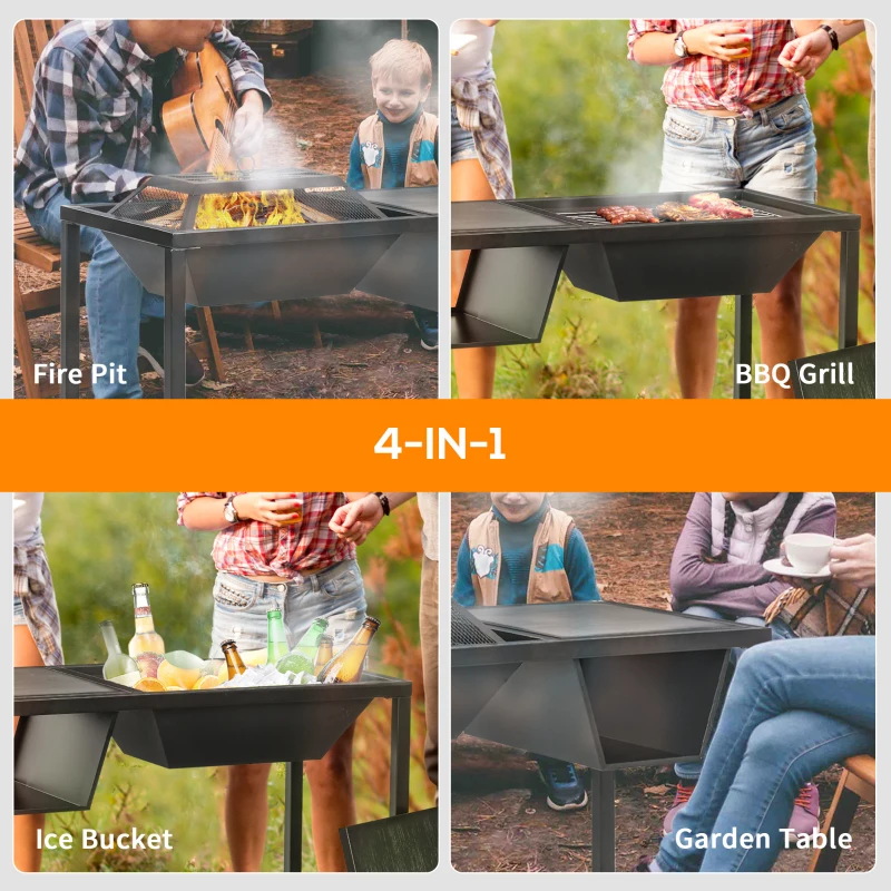 Outsunny 4-in-1 Fire Pit, BBQ Grill, Ice Bucket Cooler, Garden Table, with Cooking Grate, Log Grate & Waterproof Cover, Galvanized Steel Wood-Burning Fireplace with Spark Screen & Poker