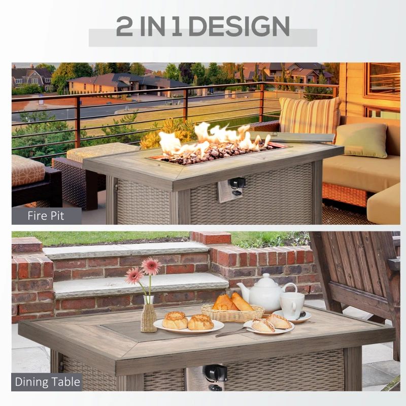 Outsunny Propane Fire Pit Table, 30,000 BTU 42" Wicker-Effect Gas Fire Table, Auto-Ignition Rectangular Outdoor Firepit with Lid, Ceramic Tabletop, Lava Rocks and Rain Cover, CSA Certification, Gray