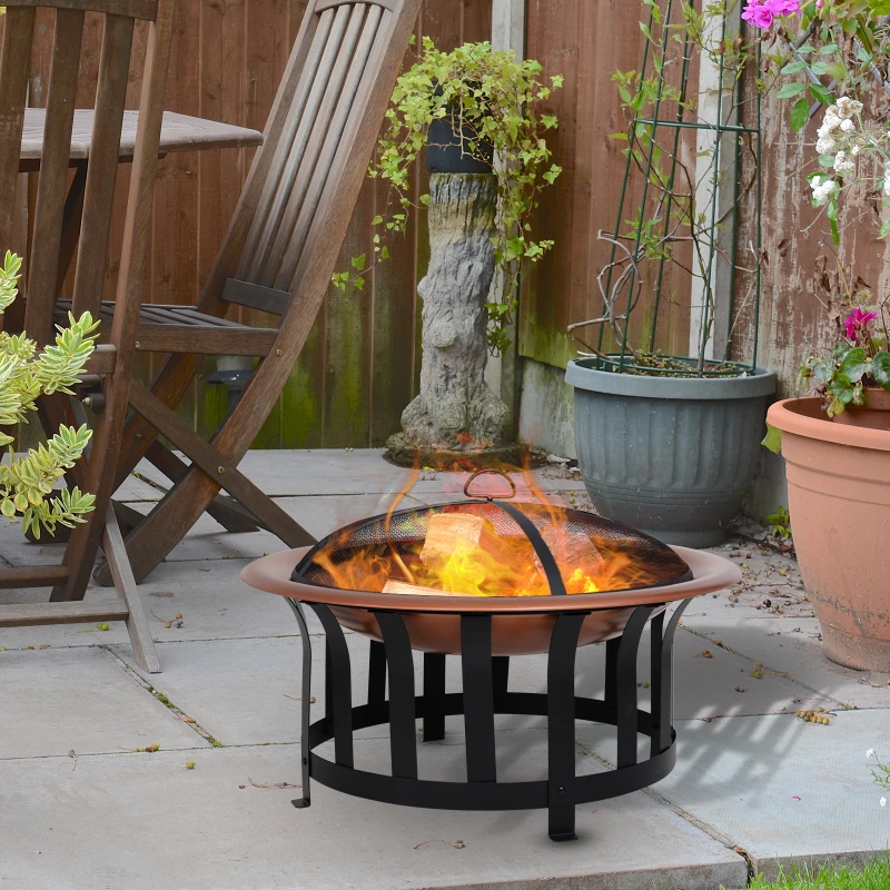 Outsunny 30" Outdoor Fire Pits, Copper-Colored Round Metal Camping Fire Pit, Firepit with Black Ornate Base, Poker, & Mesh Screen for Ember Protection