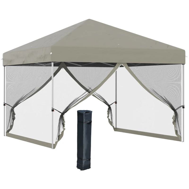 Outsunny 10' x 10' Pop-Up Party Tent Outdoor Canopy Tent with Mesh Sidewalls, 3-Level Adjustable Height, Roller Bag, Beige