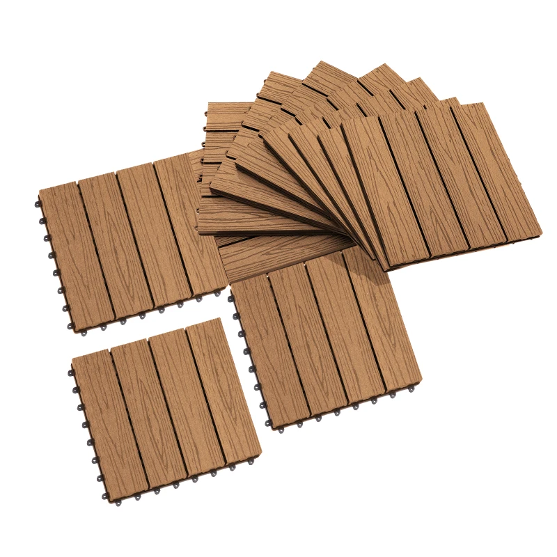 Outsunny Interlocking Deck Tiles, Pack of 11 Outdoor Flooring Patio Tiles, 12" x 12", All Weather for Porch, Balcony, Backyard for a New Classic Look, Teak