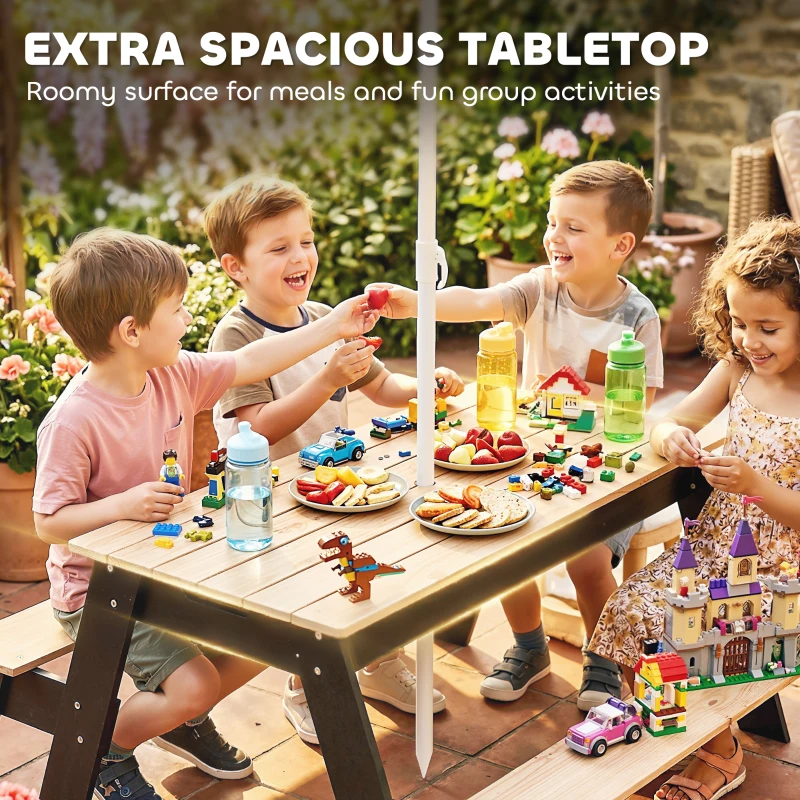 Qaba Kids Picnic Table with Umbrella, 3 in 1 Wooden Sand & Water Table with 2 Hidden Play Boxes for Patio, Ages 3-6
