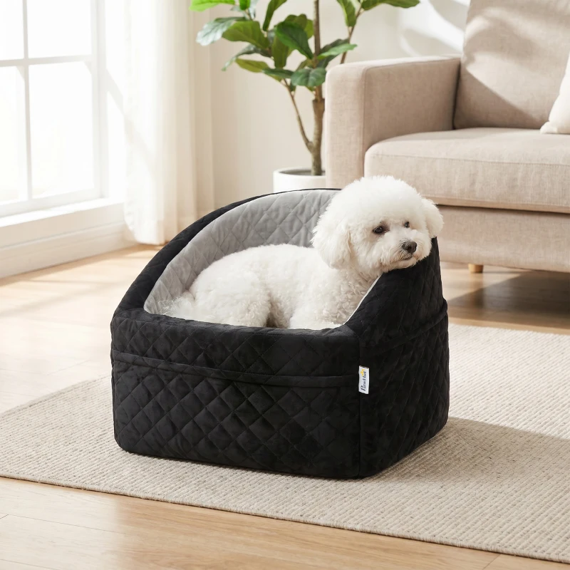PawHut Dog Car Seat, Dog Booster Car Seat Washable with Adjustable Safety Leash, Storage Pockets for Small Under 10kg, Grey