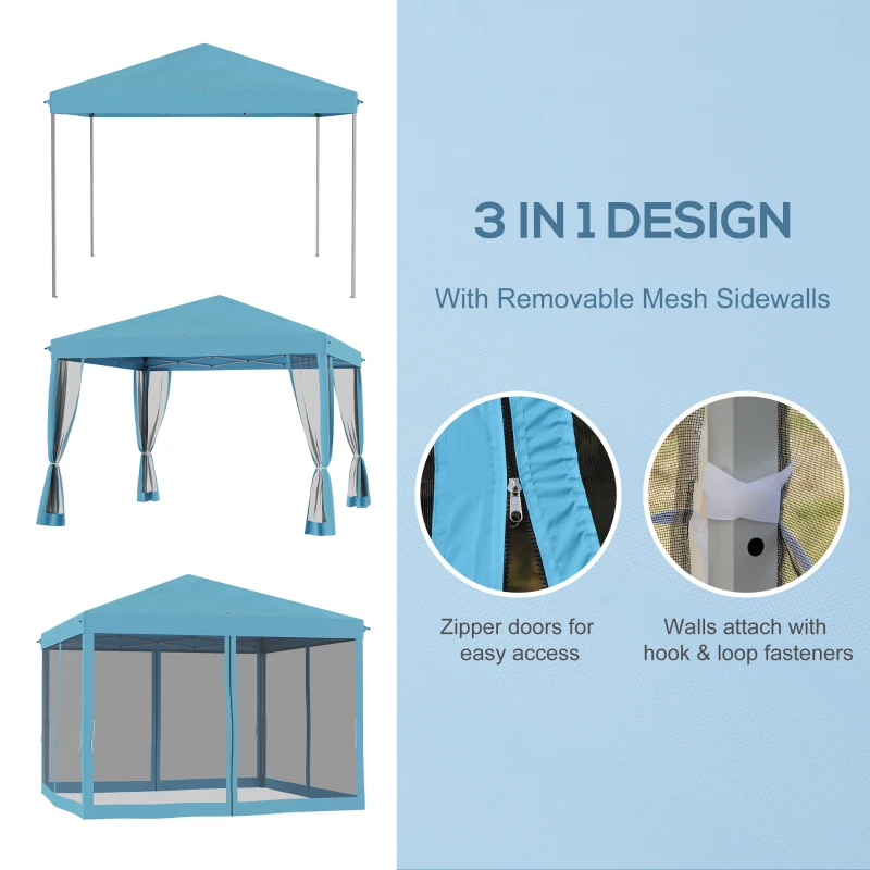 Outsunny 10' x 10' Pop Up Canopy Tent Gazebo, Foldable Canopy Tent with Zipper Mesh Sidewalls and Carry Bag, Easy Setup Screen Shelter for Backyard Patio Outdoor, Light Blue