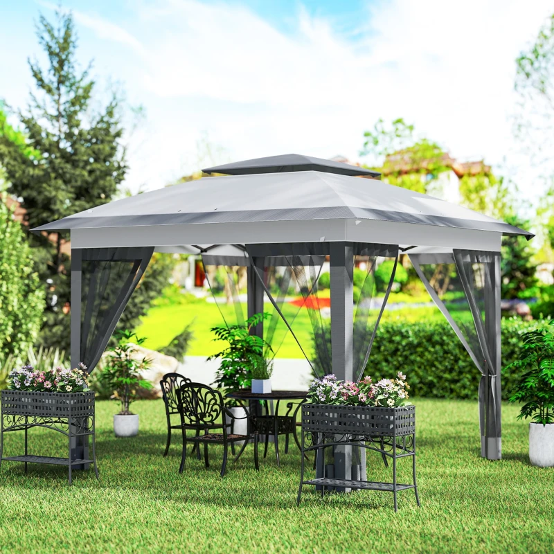 Outsunny 12' x 12' Pop Up Canopy Sun Shade Instant Tent Folding with Mesh Sidewalls, 3-Level Adjustable Height and Storage Bag, Gray