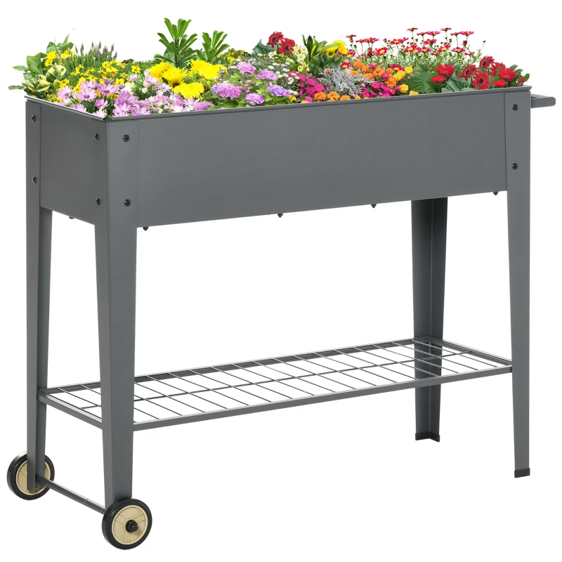 Outsunny 43" x 17" x 32" Raised Garden Bed Elevated with Wheels, Metal Elevated Planter Box with Bottom Shelf for Storing Tools & Water Drainage Hole, Grey