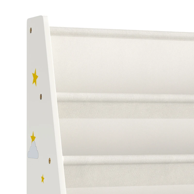 Qaba Fabric Kids Bookshelf, 4-Tier Toddler Sling Book Rack for Playroom, Bedroom, Nursery and Kids Room for Ages 3-6, White