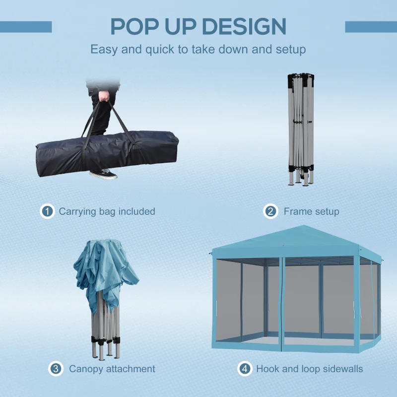 Outsunny 10' x 10' Pop Up Canopy Tent Gazebo, Foldable Canopy Tent with Zipper Mesh Sidewalls and Carry Bag, Easy Setup Screen Shelter for Backyard Patio Outdoor, Light Blue