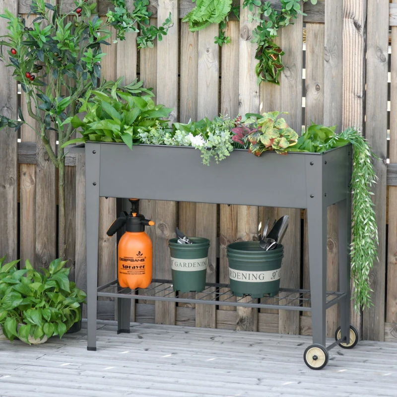 Outsunny 43" x 17" x 32" Raised Garden Bed Elevated with Wheels, Metal Elevated Planter Box with Bottom Shelf for Storing Tools & Water Drainage Hole, Grey