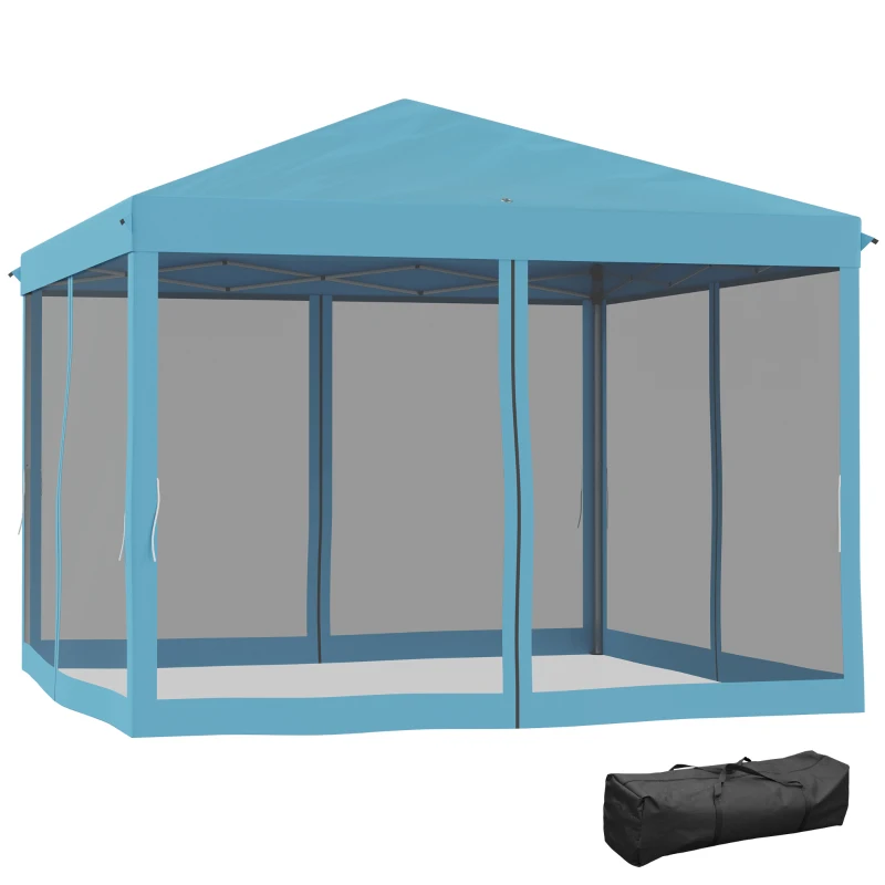 Outsunny 10' x 10' Pop Up Canopy Tent Gazebo, Foldable Canopy Tent with Zipper Mesh Sidewalls and Carry Bag, Easy Setup Screen Shelter for Backyard Patio Outdoor, Light Blue