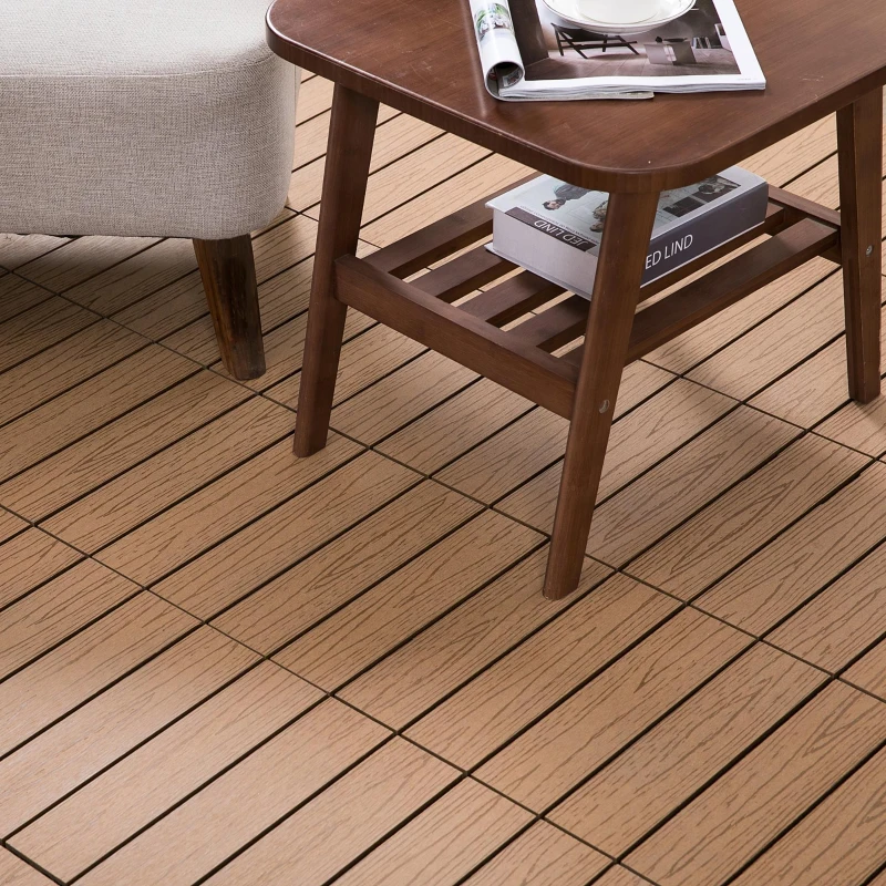Outsunny Interlocking Deck Tiles, Pack of 11 Outdoor Flooring Patio Tiles, 12" x 12", All Weather for Porch, Balcony, Backyard for a New Classic Look, Teak