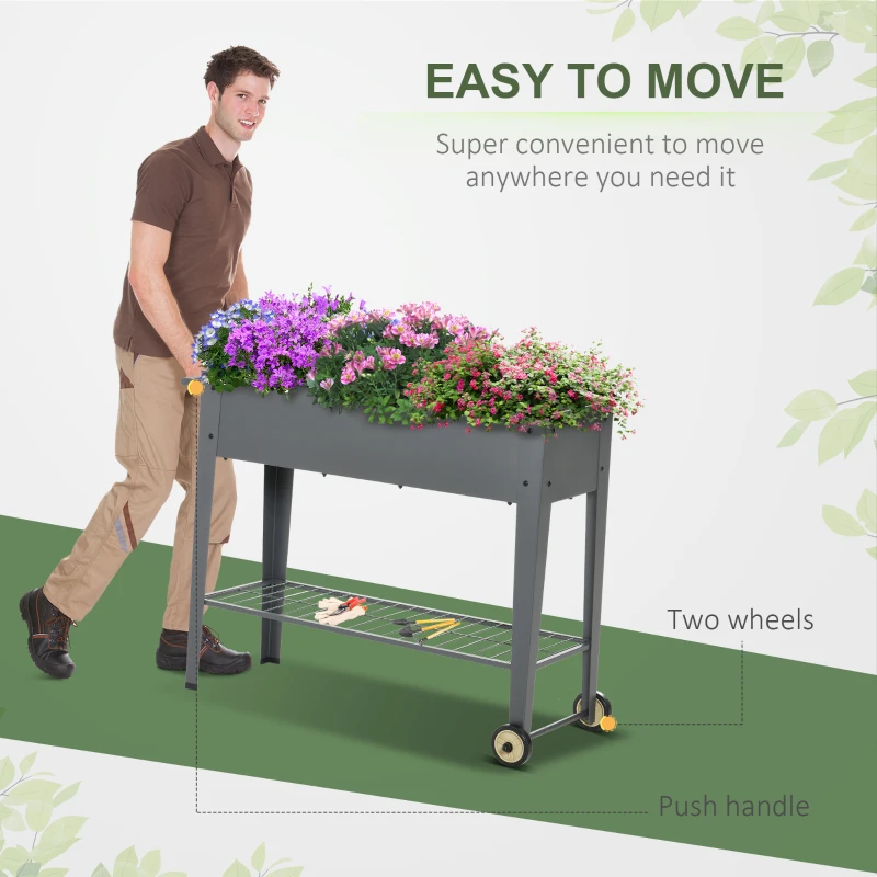 Outsunny 43" x 17" x 32" Raised Garden Bed Elevated with Wheels, Metal Elevated Planter Box with Bottom Shelf for Storing Tools & Water Drainage Hole, Grey