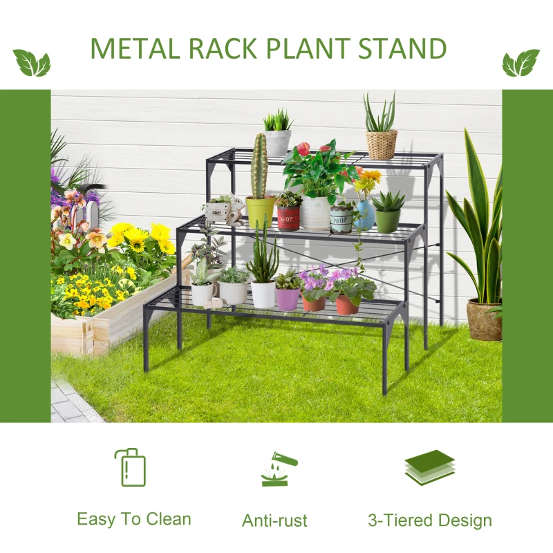 Outsunny Outdoor Plant Stand, 3 Tier Flower Stand, Metal Plant Shelf for Indoor Home & Outdoor Patio Balcony Yard Use