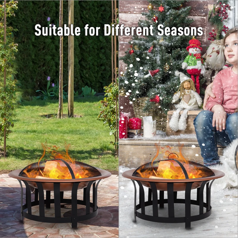 Outsunny 30" Steel Round Patio Fire Pit  Outdoor Wood Log Burning Heater with Log Grate, Poker, Mesh Cover & Water Resistant Cover Copper Color