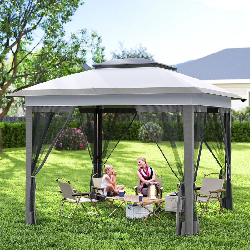 Outsunny 12' x 12' Pop Up Canopy Sun Shade Instant Tent Folding with Mesh Sidewalls, 3-Level Adjustable Height and Storage Bag, Gray