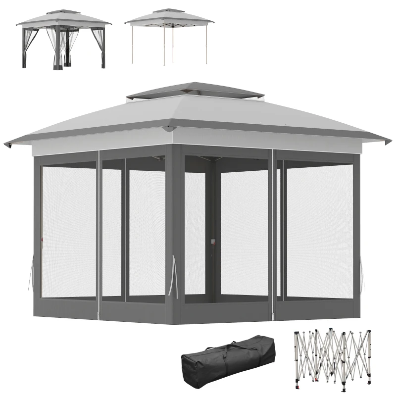 Outsunny 12' x 12' Pop Up Canopy Sun Shade Instant Tent Folding with Mesh Sidewalls, 3-Level Adjustable Height and Storage Bag, Gray