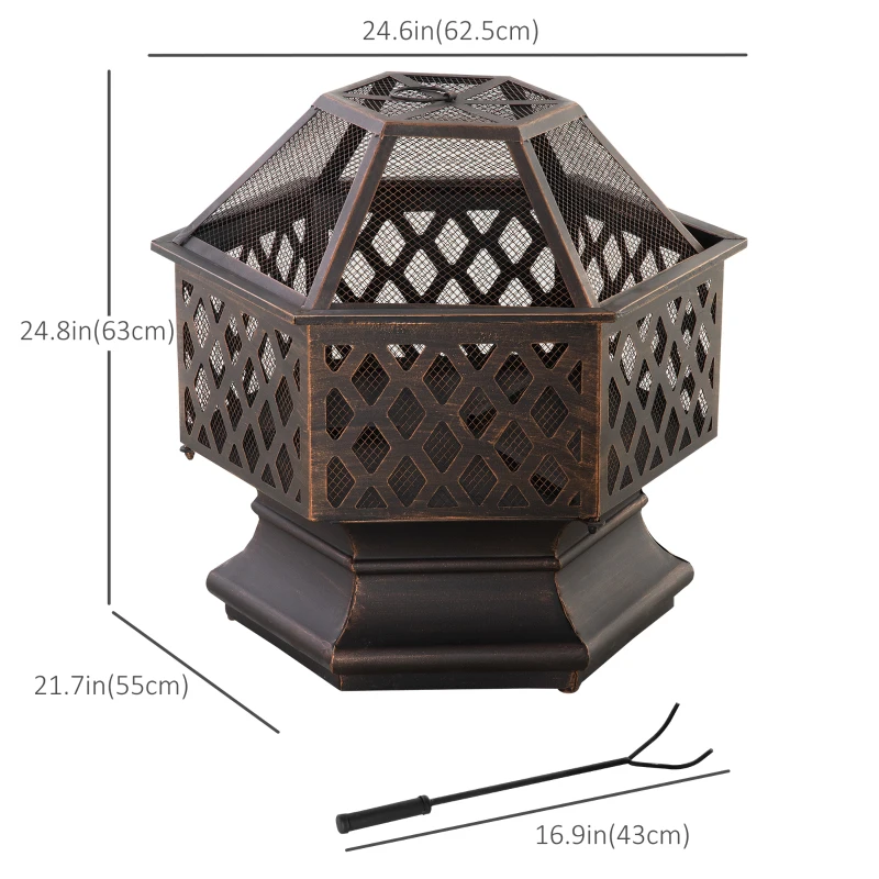 Outsunny 24.5" Outdoor Fire Pit with Mesh Lid, Portable Wood Burning Firebowl with Poker for Patio, Backyard, Bronze