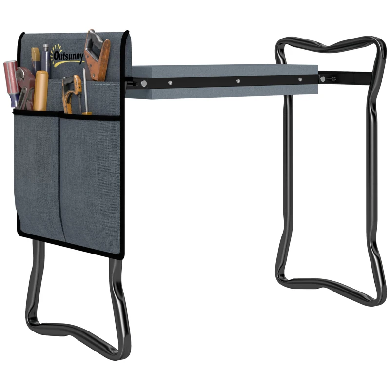 Outsunny Garden Kneeler and Seat, Foldable Gardening Stool Bench with Thick EVA Foam Kneeling Pad and Large Tool Pouch, Grey