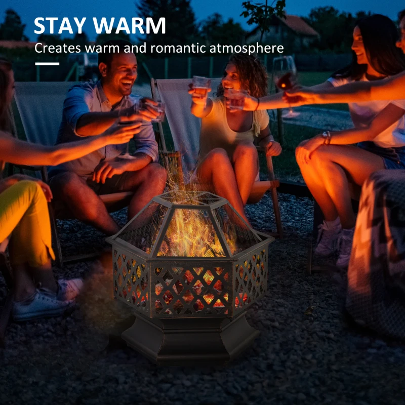 Outsunny 24.5" Outdoor Fire Pit with Mesh Lid, Portable Wood Burning Firebowl with Poker for Patio, Backyard, Bronze