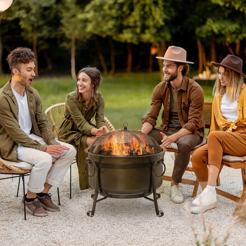 Outsunny 30" Outdoor Fire Pit Grill, Portable Steel Wood Burning Bowl, Cooking Grate, Poker, Spark Screen Lid for Patio, Backyard, BBQ, Camping, Bronze Colored