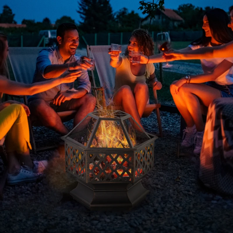 Outsunny 24.5" Outdoor Fire Pit with Mesh Lid, Portable Wood Burning Firebowl with Poker for Patio, Backyard, Bronze