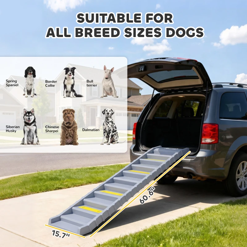 PawHut Dog Stairs for Car Truck SUV, Foldable Dog Ramp for Medium Small Dogs, Gray