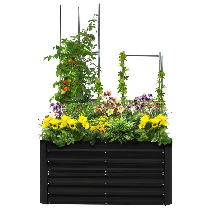 Outsunny 4' x 3' x 2' Raised Garden Bed with Support Rod, Steel Frame Elevated Planter Box, Black