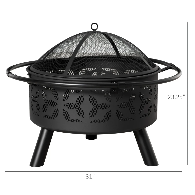 Outsunny 31" Outdoor Fire Pit, Portable Steel Wood Burning Bowl, Handle Ring, Poker, Spark Screen Lid for Patio, Backyard, Bonfire, Campfire, Black