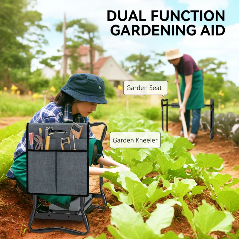 Outsunny Garden Kneeler and Seat, Foldable Gardening Stool Bench with Thick EVA Foam Kneeling Pad and Large Tool Pouch, Grey