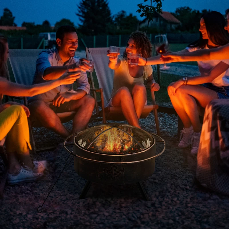 Outsunny 30" Outdoor Fire Pit with Screen Cover, Portable Wood Burning Firebowl Basin with Poker for Patio, Backyard, Black
