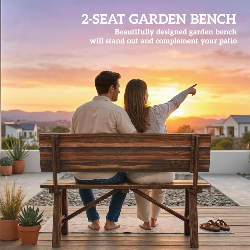 Outsunny Wooden Garden Bench for Outdoor, 2-person Patio Bench, Loveseat Furniture, Carbonized
