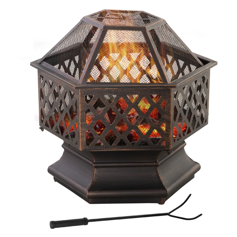 Outsunny 24.5" Outdoor Fire Pit with Mesh Lid, Portable Wood Burning Firebowl with Poker for Patio, Backyard, Bronze