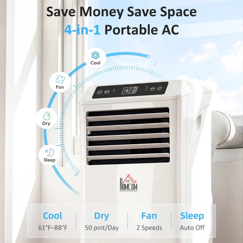 HOMCOM 10,000BTU Mobile Portable Air Conditioner with Cooling, Dehumidifier, 2 Speed Fans, 24-Hour Timer for Bedroom, White