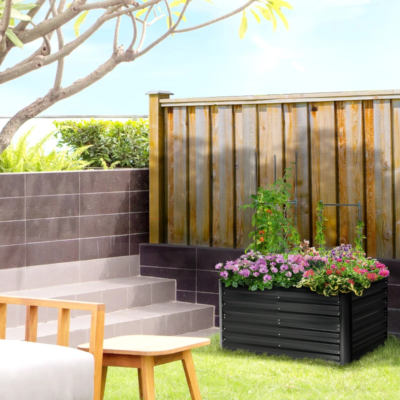 Outsunny 4' x 3' x 2' Raised Garden Bed with Support Rod, Steel Frame Elevated Planter Box, Black