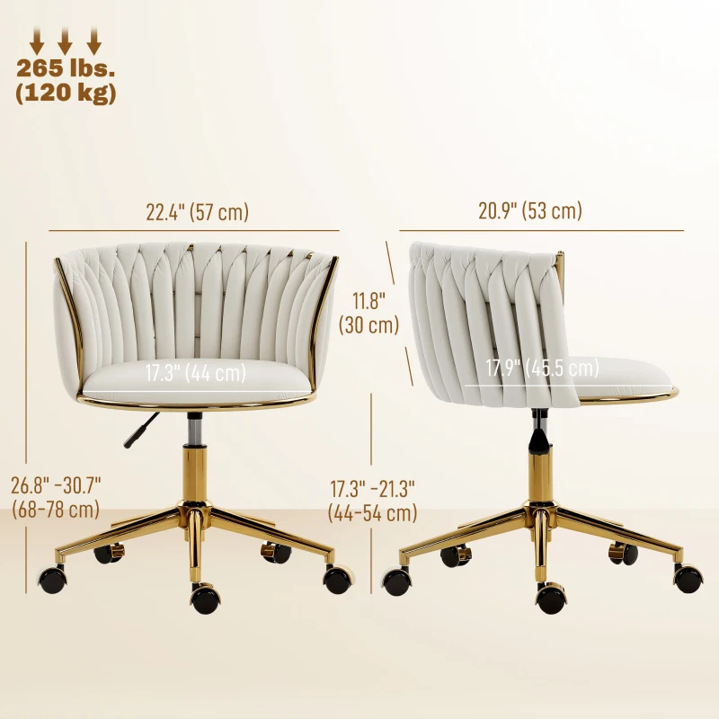 HOMCOM Office Chair, Vanity Chair with Woven Back, Adjustable Height, Rolling Wheels, Cream White