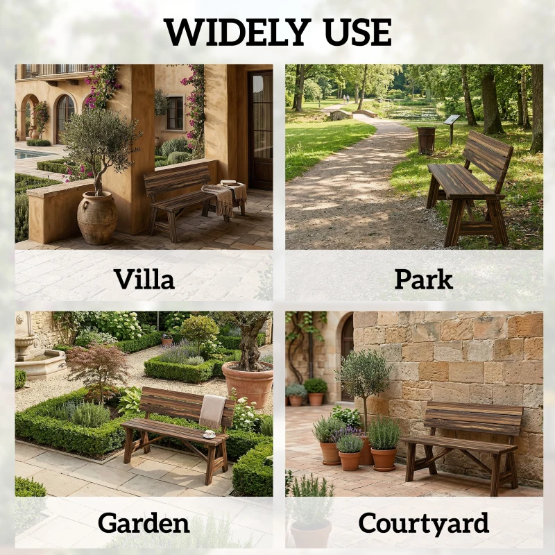Outsunny Wooden Garden Bench for Outdoor, 2-person Patio Bench, Loveseat Furniture, Carbonized