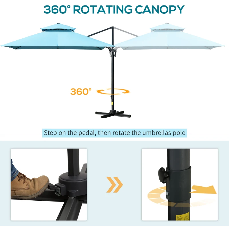 Outsunny 10' x 10' Cantilever Patio Umbrella, Double Top Square Offset Umbrella with 360° Rotation, 5 Adjustable Tilt Angles, Umbrella Cover, Aluminum Pole and Ribs, Light Blue
