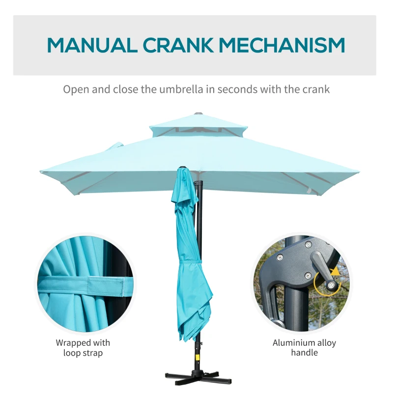 Outsunny 10' x 10' Cantilever Patio Umbrella, Double Top Square Offset Umbrella with 360° Rotation, 5 Adjustable Tilt Angles, Umbrella Cover, Aluminum Pole and Ribs, Light Blue