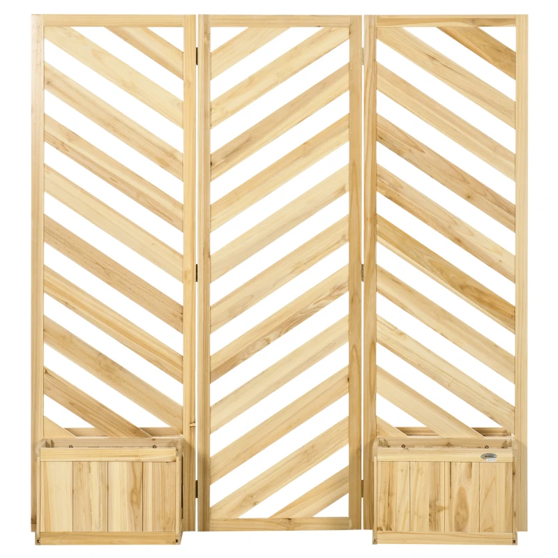 Outsunny Decorative Outdoor Privacy Screen, Freestanding Divider/Separator with 4 Self-Draining Planters, 3 Trellis Plant Support Panels for Garden Walkway, Backyard, Natural Wood