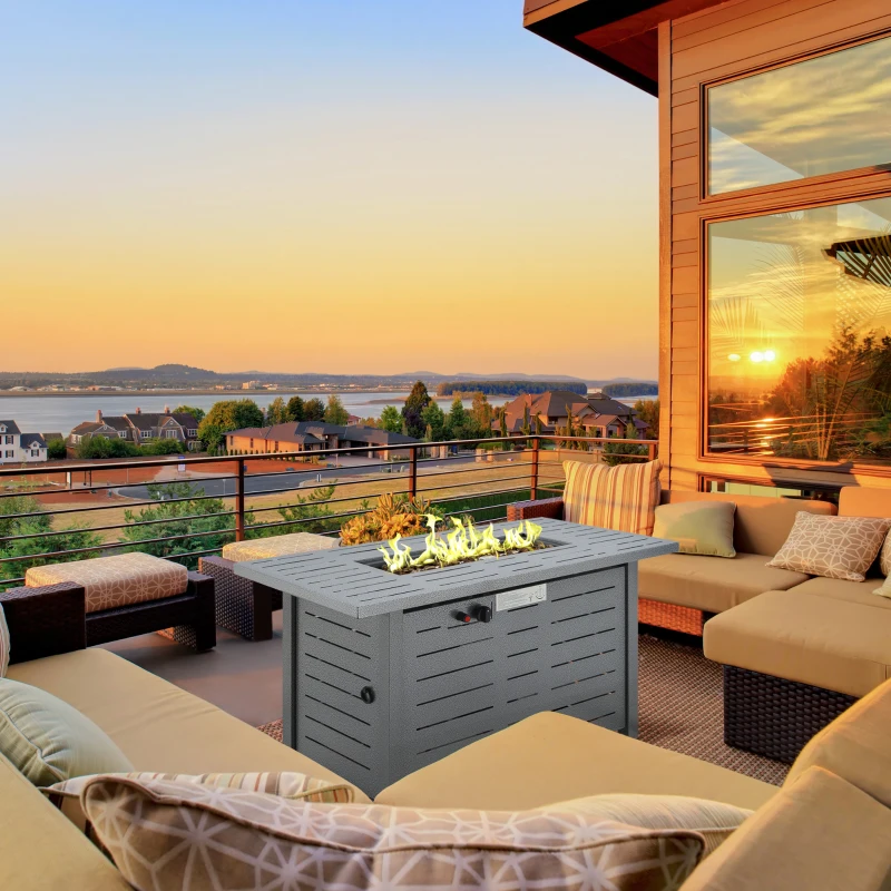 Outsunny 42 Inch Outdoor Propane Gas Fire Pit Table, 50,000 BTU Auto-Ignition Rectangular Gas Firepit with Slat Tabletop, Lid, Lava Rocks, Rain Cover, CSA Certification, Black