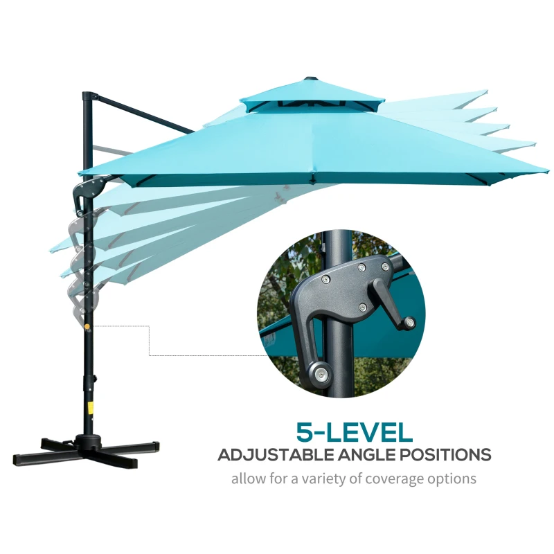Outsunny 10' x 10' Cantilever Patio Umbrella, Double Top Square Offset Umbrella with 360° Rotation, 5 Adjustable Tilt Angles, Umbrella Cover, Aluminum Pole and Ribs, Light Blue