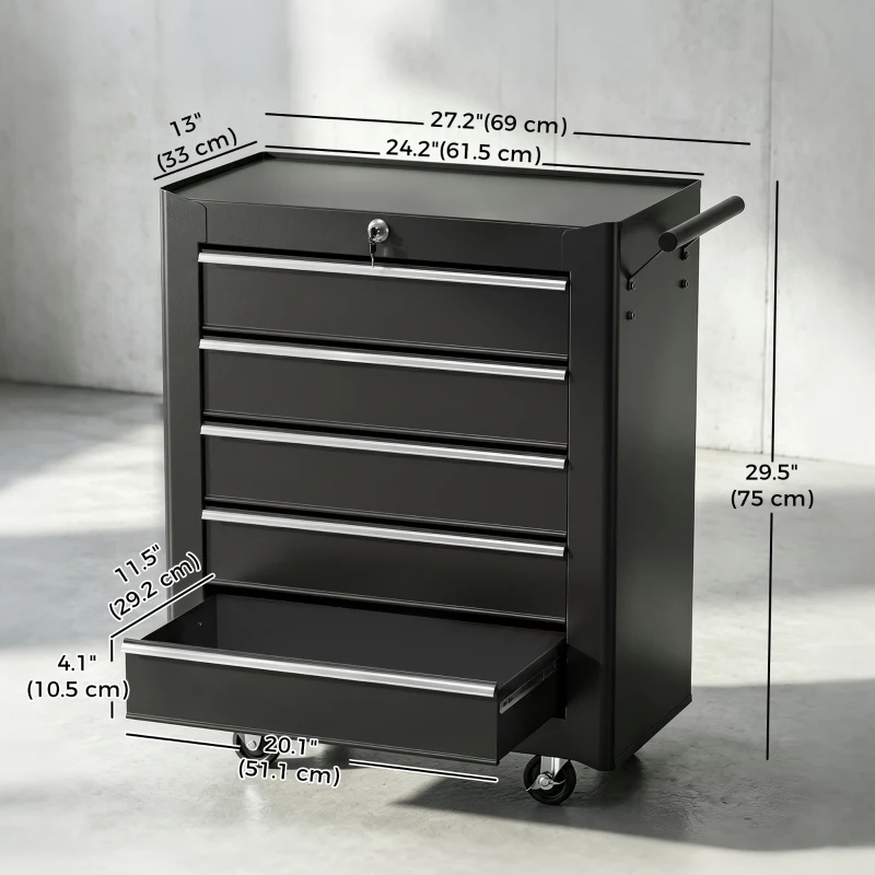 HOMCOM Rolling Tool Chest, 5-Drawer Lockable Tool Cabinet with 4 Wheels, Handle, Toolbox Storage Organizer for Garage, Workshop, Repair Shop, Black