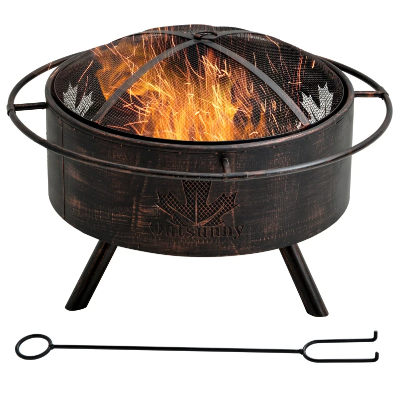 Outsunny 30" Outdoor Fire Pit with Screen Cover, Portable Wood Burning Firebowl Basin with Poker for Patio, Backyard, Black