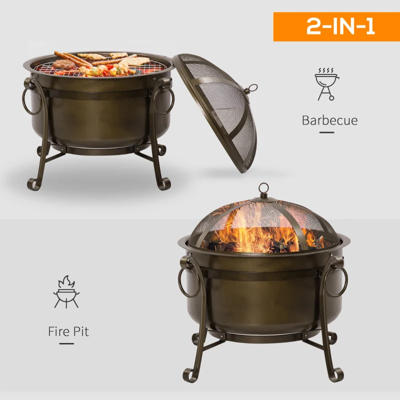 Outsunny 30" Outdoor Fire Pit Grill, Portable Steel Wood Burning Bowl, Cooking Grate, Poker, Spark Screen Lid for Patio, Backyard, BBQ, Camping, Bronze Colored
