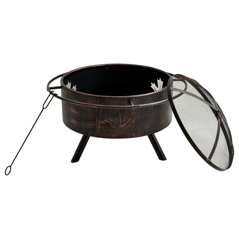 Outsunny 30" Outdoor Fire Pit with Screen Cover, Portable Wood Burning Firebowl Basin with Poker for Patio, Backyard, Black