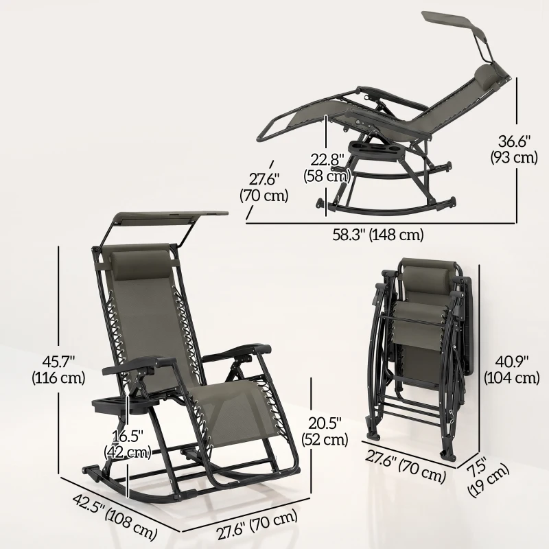 Outsunny 2 in 1 Adjustable Zero Gravity Reclining Lounge Chair Garden Recliner and Rocker Foldable Sun Lounger Napping Seat w/ Headrest & Tray Grey