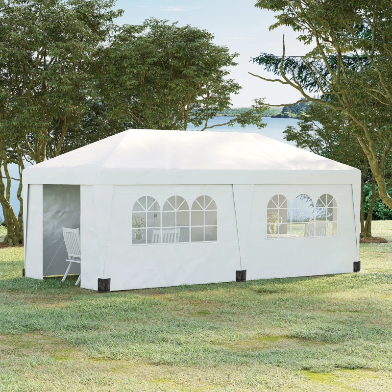 Outsunny 10' x 19.5' Pop Up Canopy Tent Height Adjustable Event Shelter w/ Sidewalls, Leg Weight Bags, Wheeled Carry Bag, White